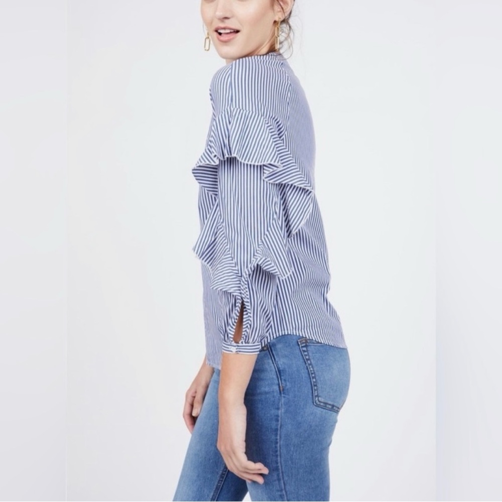 Splendid blue striped blouse ruffle sleeves  3/4 button front size M